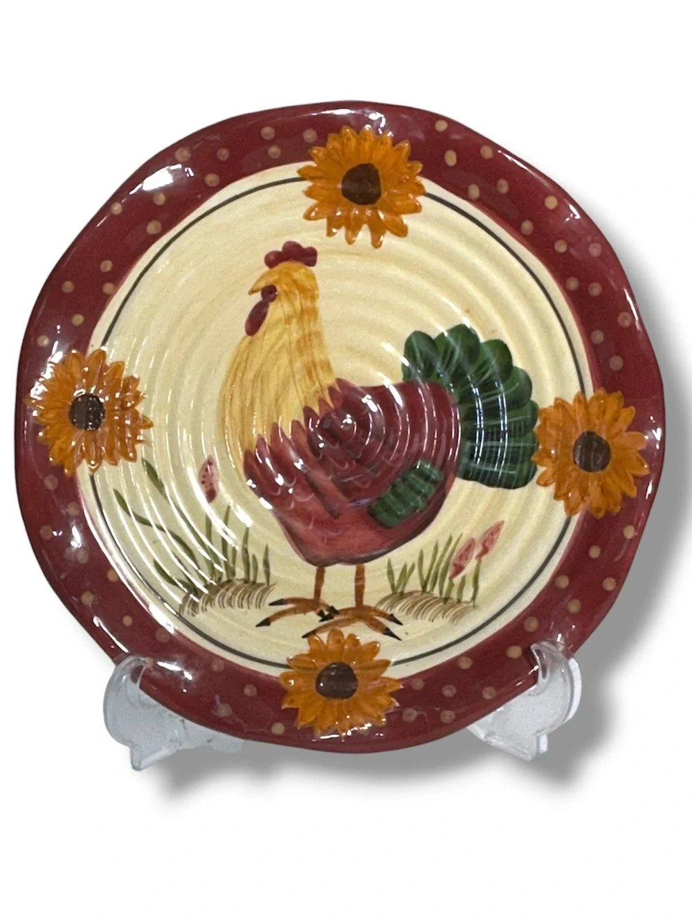 Hand Painted Rooster Sunflowers Decorative Plate Red Cream Yellow Vintage 1990